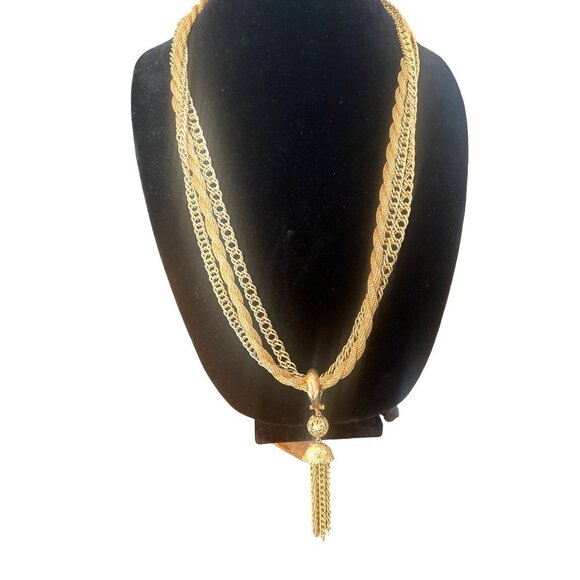 Vintage Tassel Necklace Yellow Gold Tone 18" with Enhancer and matching earrings - Picture 2 of 13